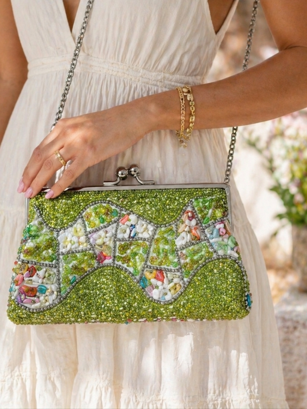 Vintage Beaded Kiss Lock Clutch Bag Green Cottagecore Garden Party Crossbody - Picture 2 of 11